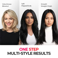 Three women shown from the shoulders up wearing or demonstrating a hair extension or wig result, labeled 'Voluminous Blowout,' 'Soft Flipped Ends,' and 'Smooth Straight Finish,' with text at the bottom reading 'ONE STEP MULTI-STYLE RESULTS.' This is not a clean standalone product shot and not a measurement chart, color swatch, or instruction diagram.