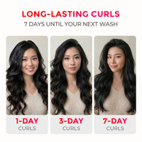 Three women with long, dark, curled hair are shown side by side under the text 'LONG-LASTING CURLS 7 DAYS UNTIL YOUR NEXT WASH,' with labels '1-DAY CURLS,' '3-CURLS,' and '7-DAY CURLS' below each portrait.