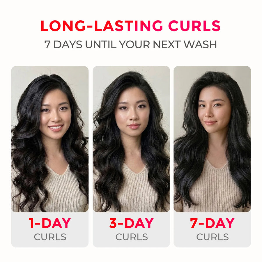 Three women with long, dark, curled hair are shown side by side under the text 'LONG-LASTING CURLS 7 DAYS UNTIL YOUR NEXT WASH,' with labels '1-DAY CURLS,' '3-CURLS,' and '7-DAY CURLS' below each portrait.