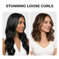 Promotional graphic for a wig or hair extension product showing two women side by side with the headline 'STUNNING LOOSE CURLS.' The left model has long, straight black hair styled with loose curls, and the right model has shoulder-length wavy brown hair with lighter caramel highlights.