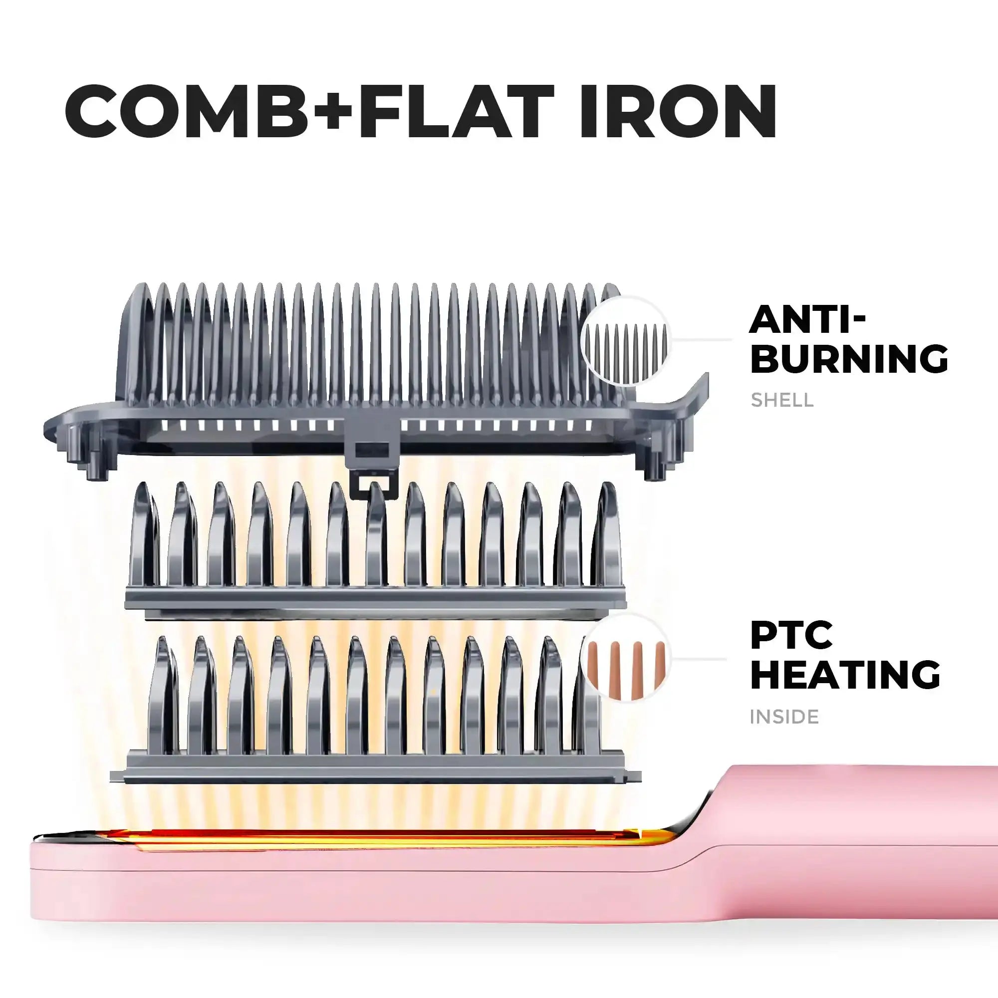 TYMO RING PINK comb hair straightener, featuring an anti-burn shell and efficient PTC heating for styling.