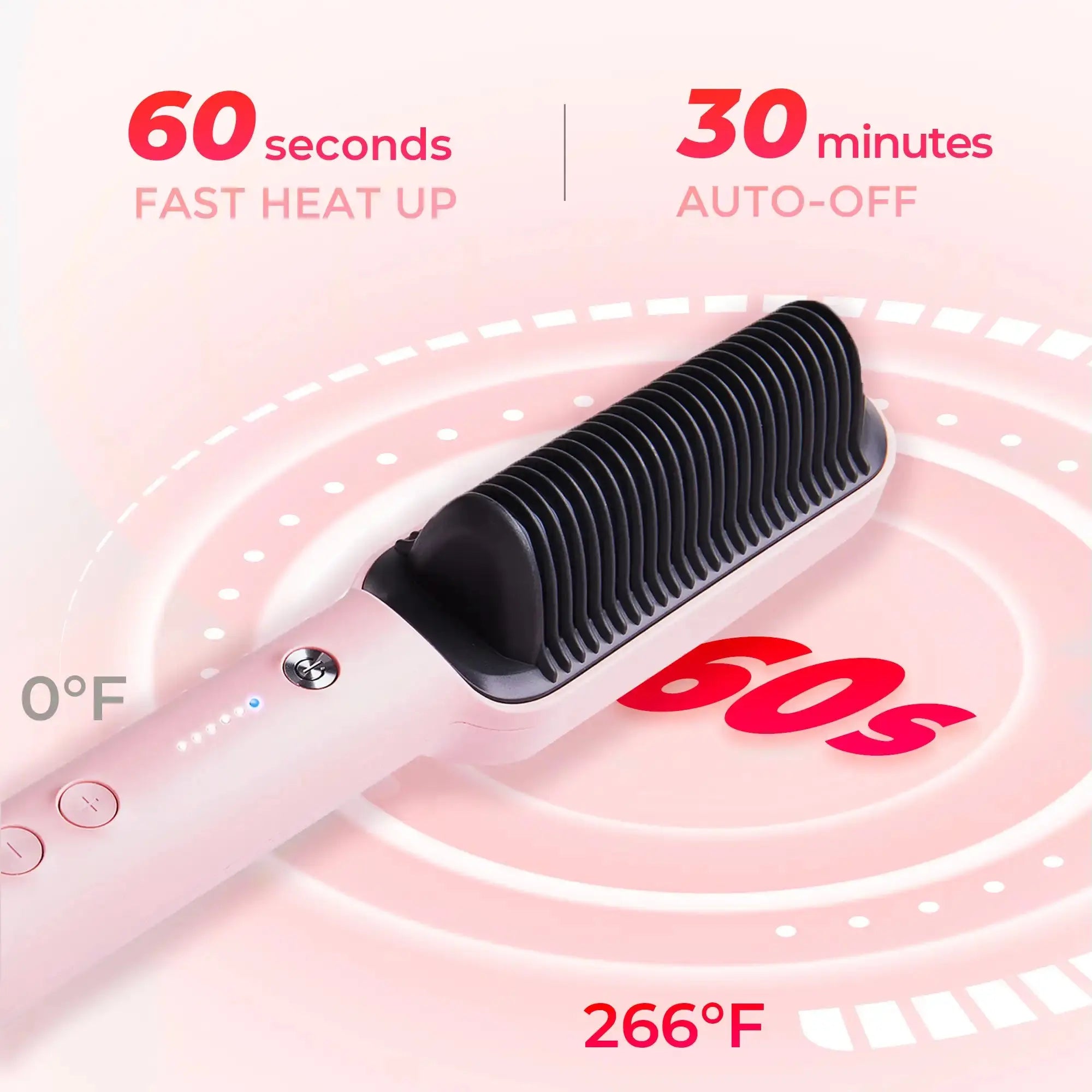 TYMO hair straightener brush displays a fast 60-second heat up and 30-minute auto-off safety feature.