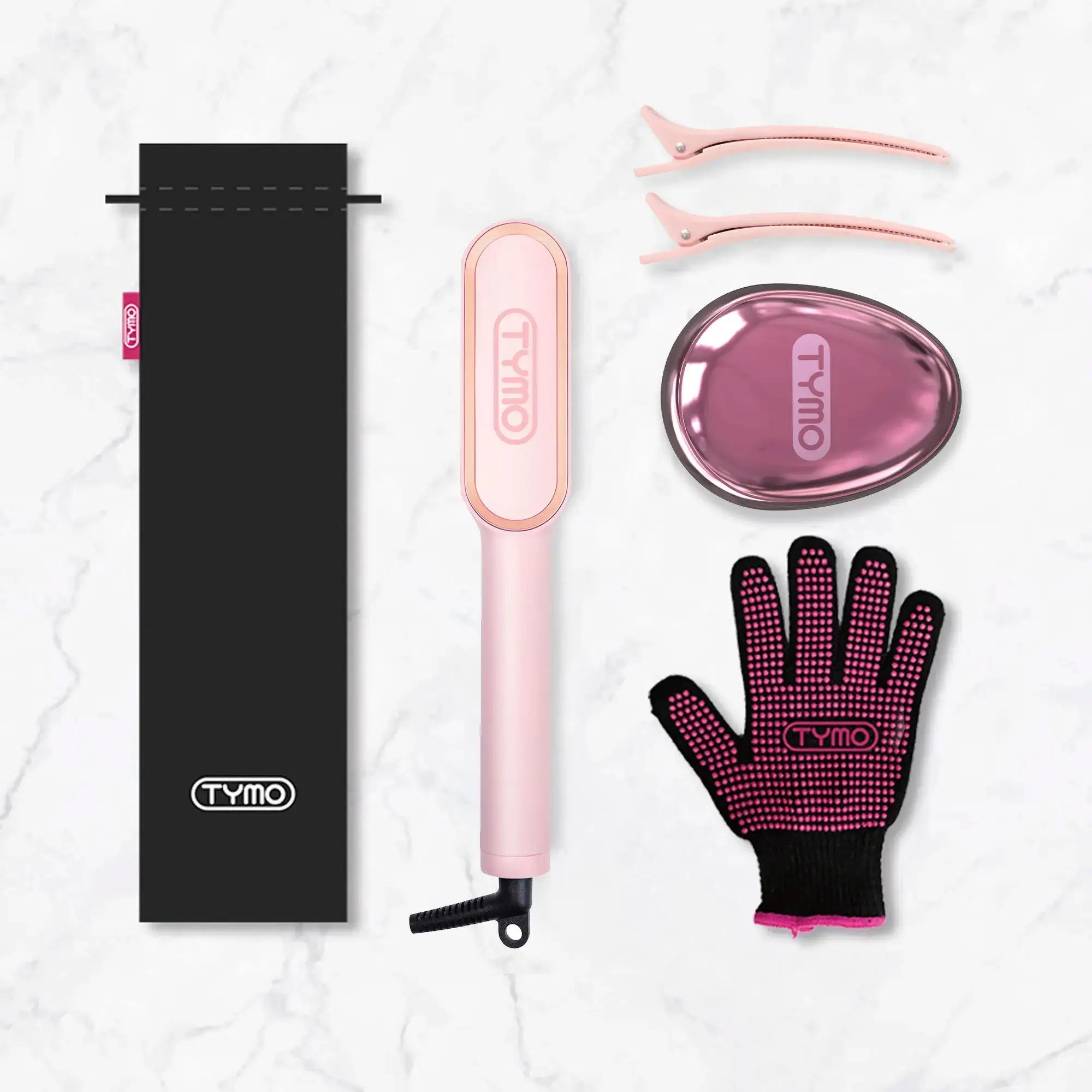 Complete set of TYMO RING PINK hair straightener with accessories including heat-resistant gloves, hair clips, travel case, and charging base.
