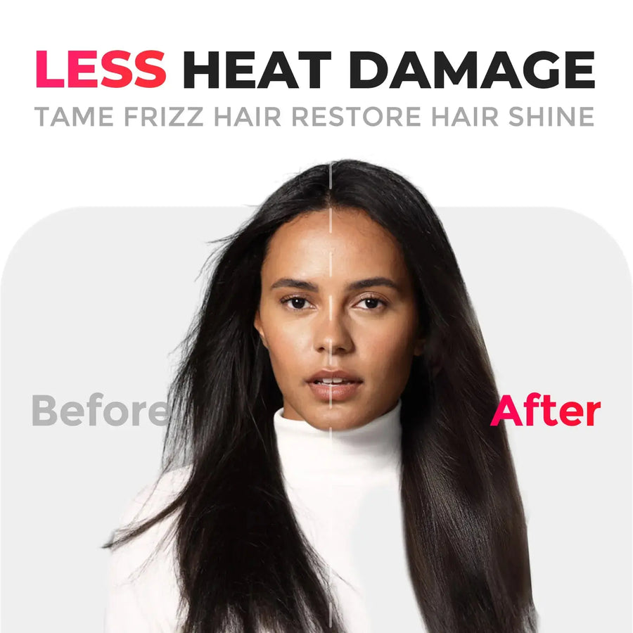 Before-and-after comparison demonstrating TYMO iONIC MINI travel hair straightener reducing frizz and enhancing shine with gentle heat.