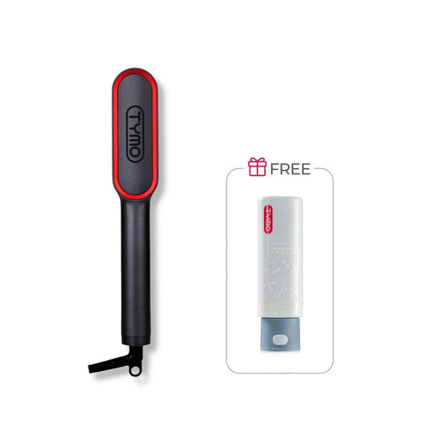 TYMO RING PLUS hair straightener comb in grey and red next to a free bottle of TYMO Scalp and Hair Conditioning Shampoo Powder gift set.