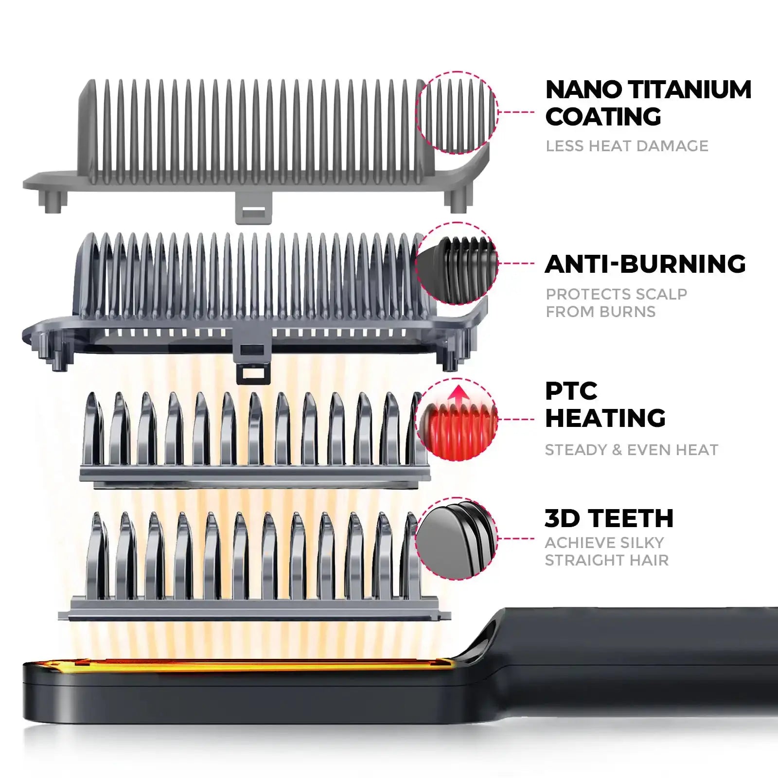 Advanced TYMO RING PLUS hair straightener brush showcasing nano titanium coating, anti-burning technology, and PTC heating for even heat distribution.
