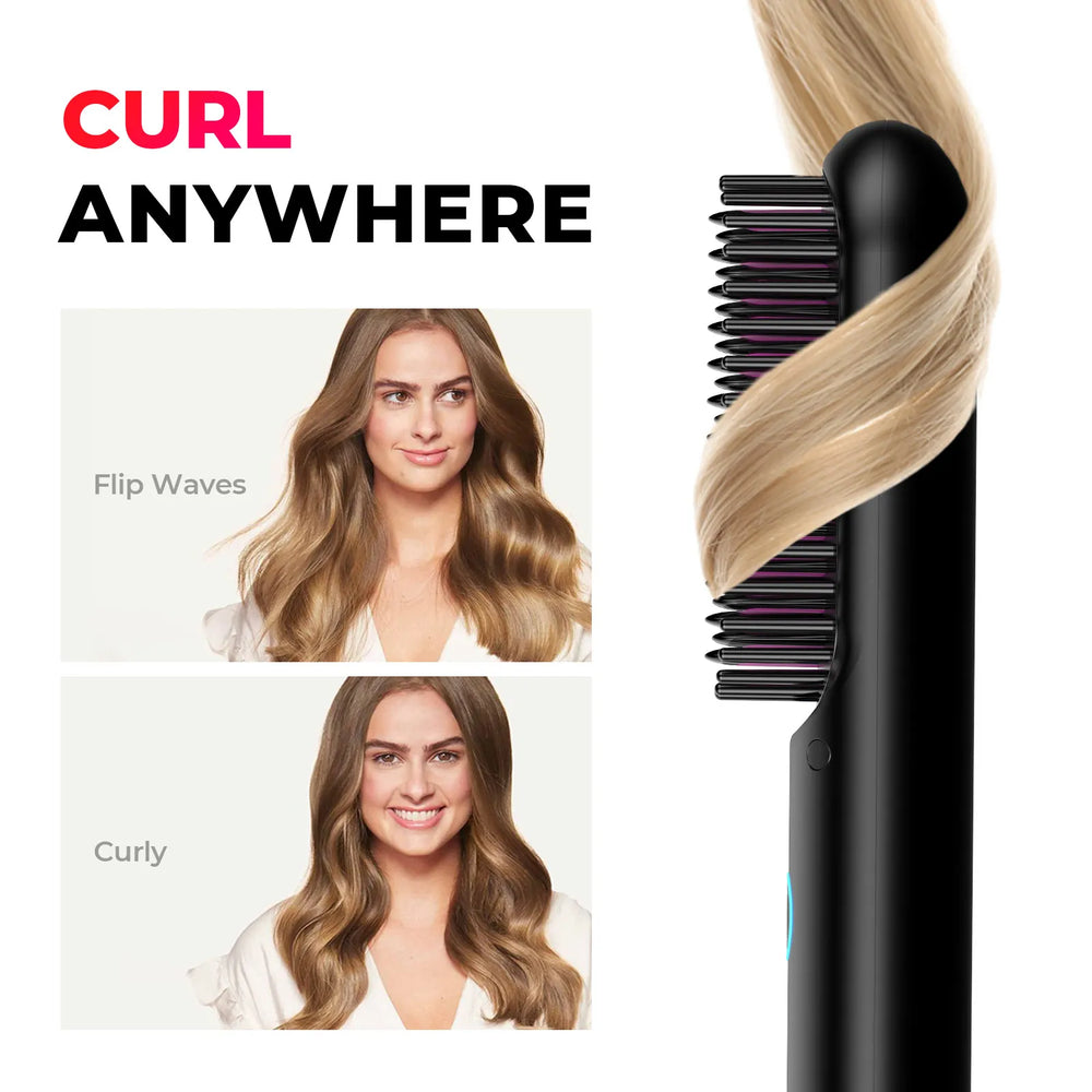 
                  
                    Versatile full-size curved hair straightener brush by TYMO PORTA, showcasing different hairstyles from straight to curly.
                  
                