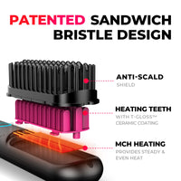 
                  
                    Close-up of TYMO PORTA cordless hair straightener highlighting the patented sandwich bristle design with anti-scald shield and ceramic heating teeth.
                  
                