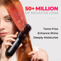 
                  
                    Woman using TYMO PORTA cordless hair straightener emitting over 50 million negative ions, enhancing shine and taming frizz.
                  
                