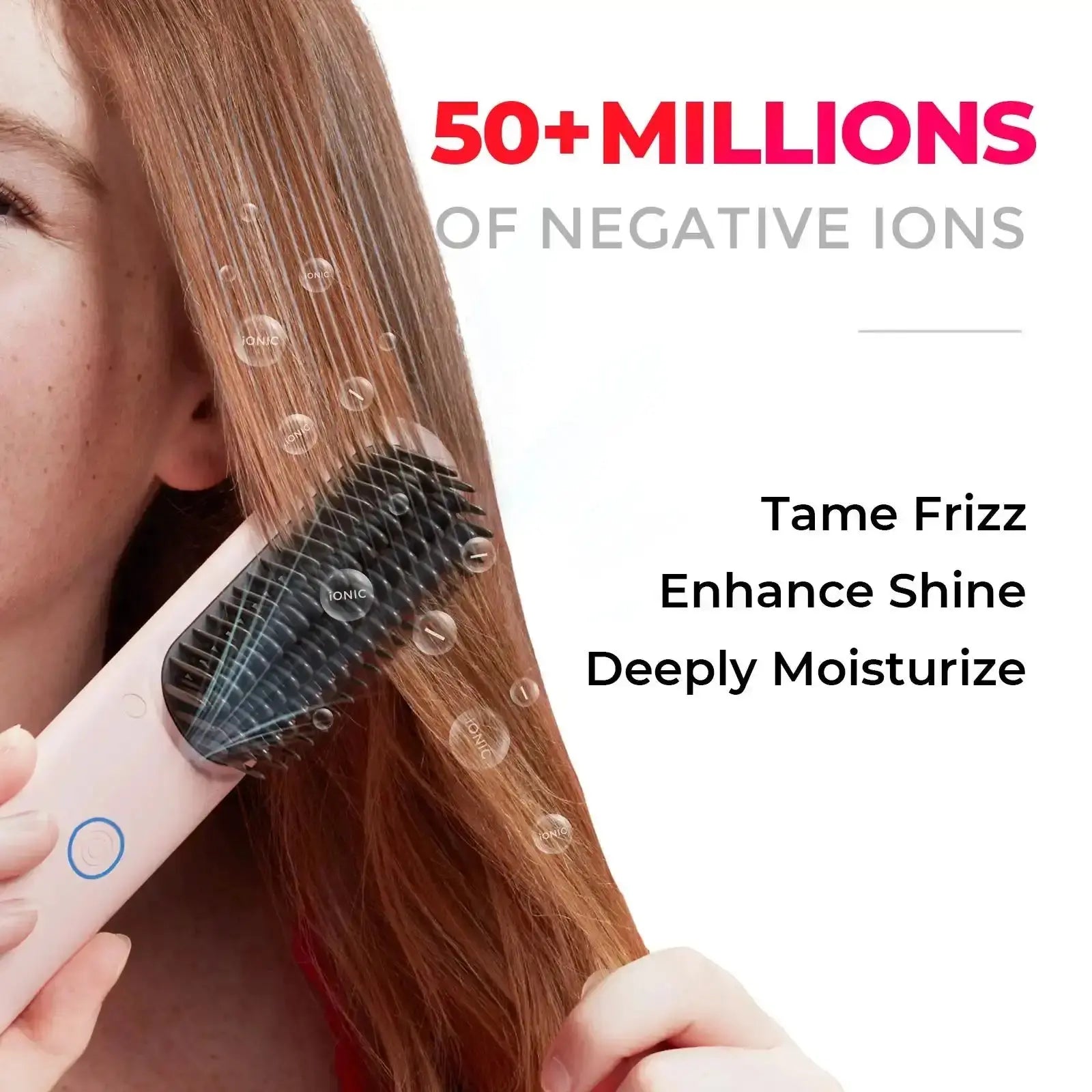 Women use TYMO PORTA PINK wireless hair straightener, which releases over 50 million negative ions to smooth frizz, enhance shine hair.