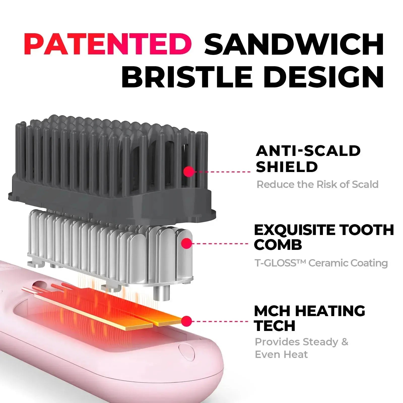 TYMO PORTA PRO PINK features a patented sandwich bristle design, anti-scald shield, and MCH heating technology.