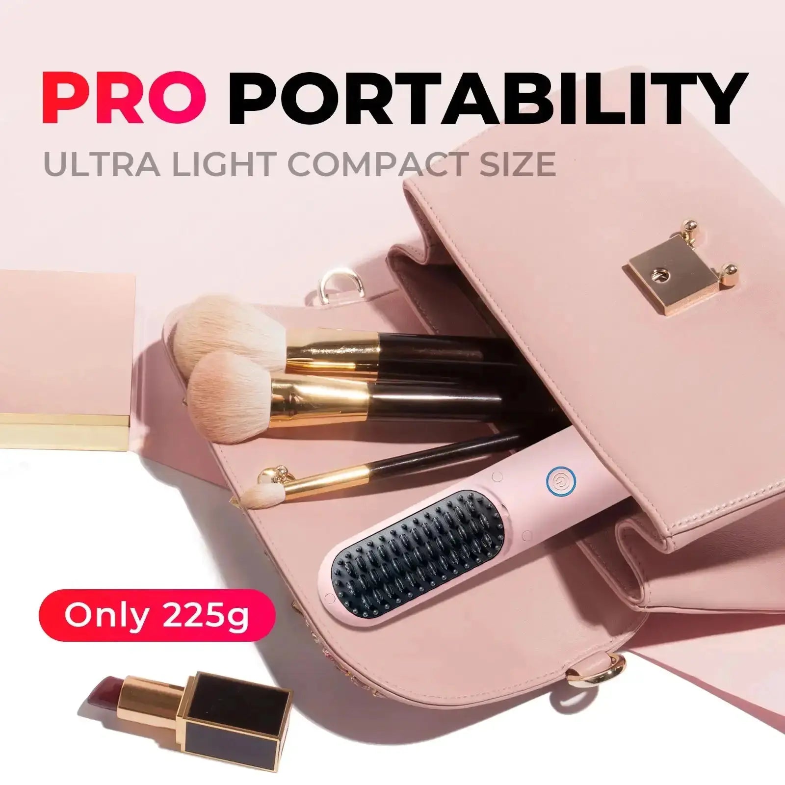 TYMO PORTA PRO PINK, with its ultra light compact size, fits easily into a purse, highlighting its portability.