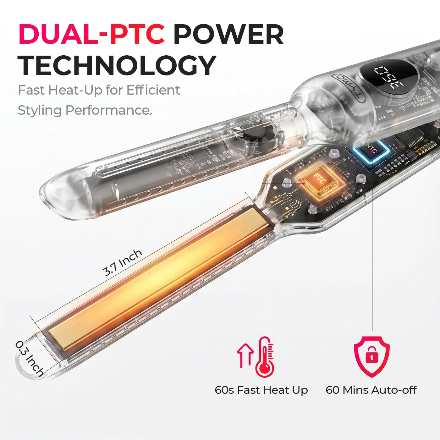 Dual-PTC heating technology hair straightener, fast heat up and auto safety shut off
