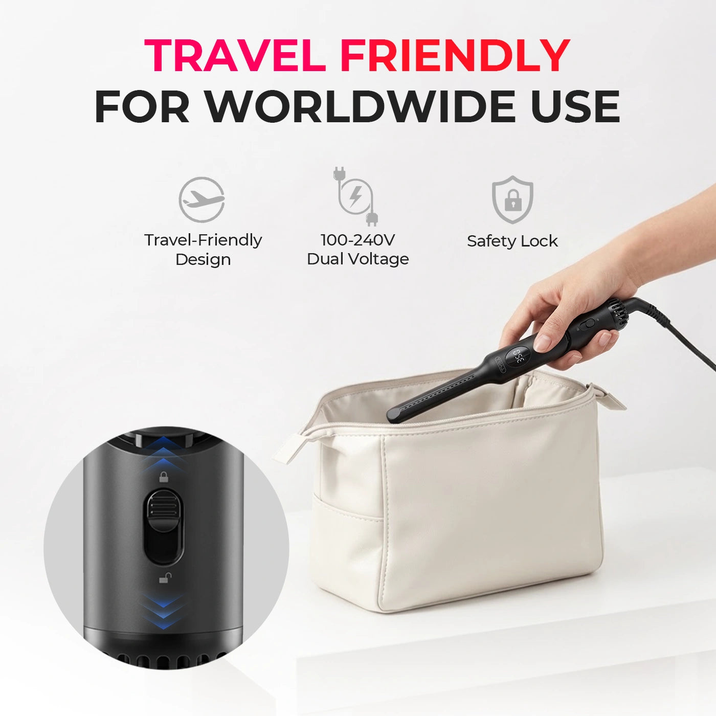 Dual voltage travel hair straightener with safety lock for international use