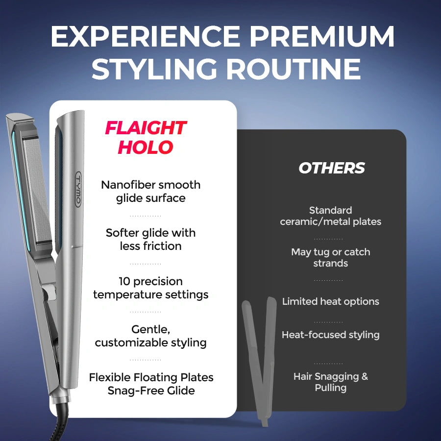 A comparison graphic highlighting the superior features of the TYMO hair straightener over conventional models.