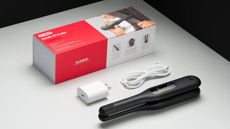 Complete TYMO CLAMGO BLACK styling kit includes ceramic flat iron and 39.37-inch cable