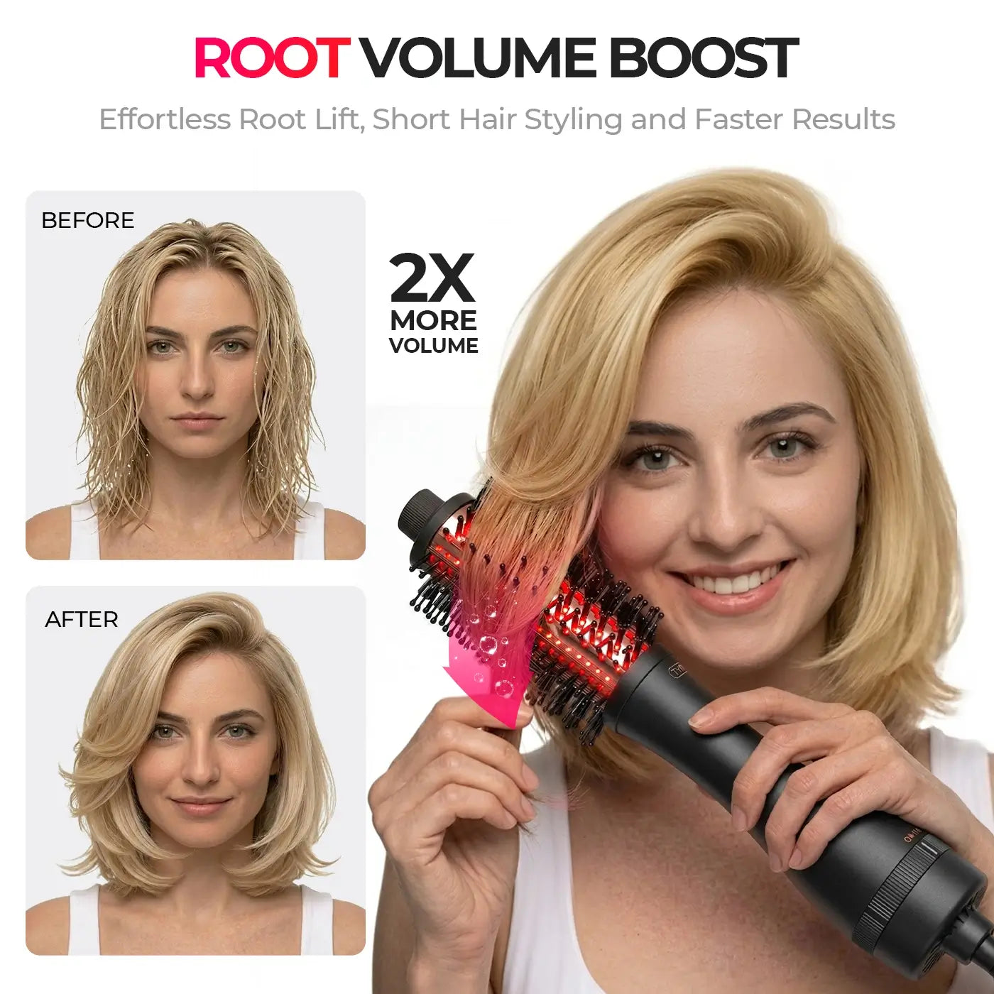 Woman using TYMO Volumizer Plus hot air brush for root volume boost styling