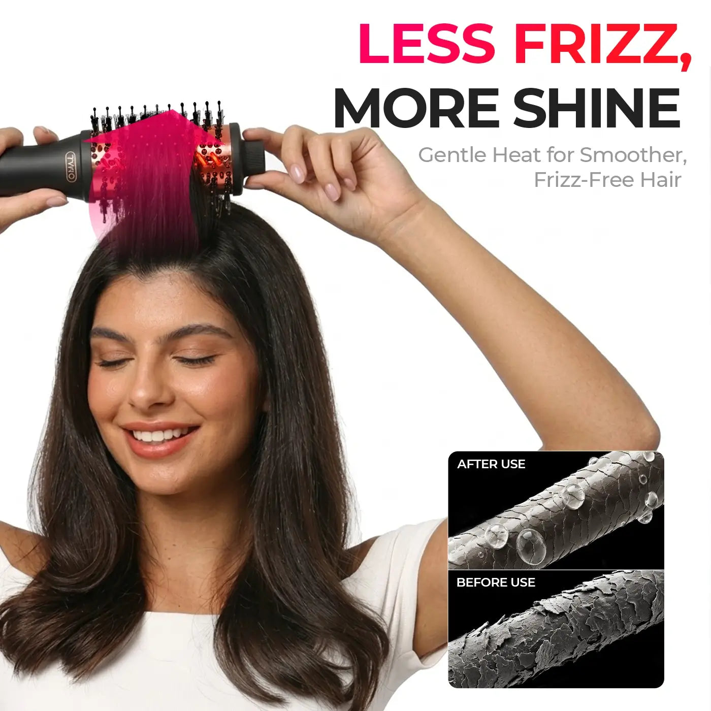 Woman styling hair with TYMO Volumizer Plus ionic heat technology for frizz reduction