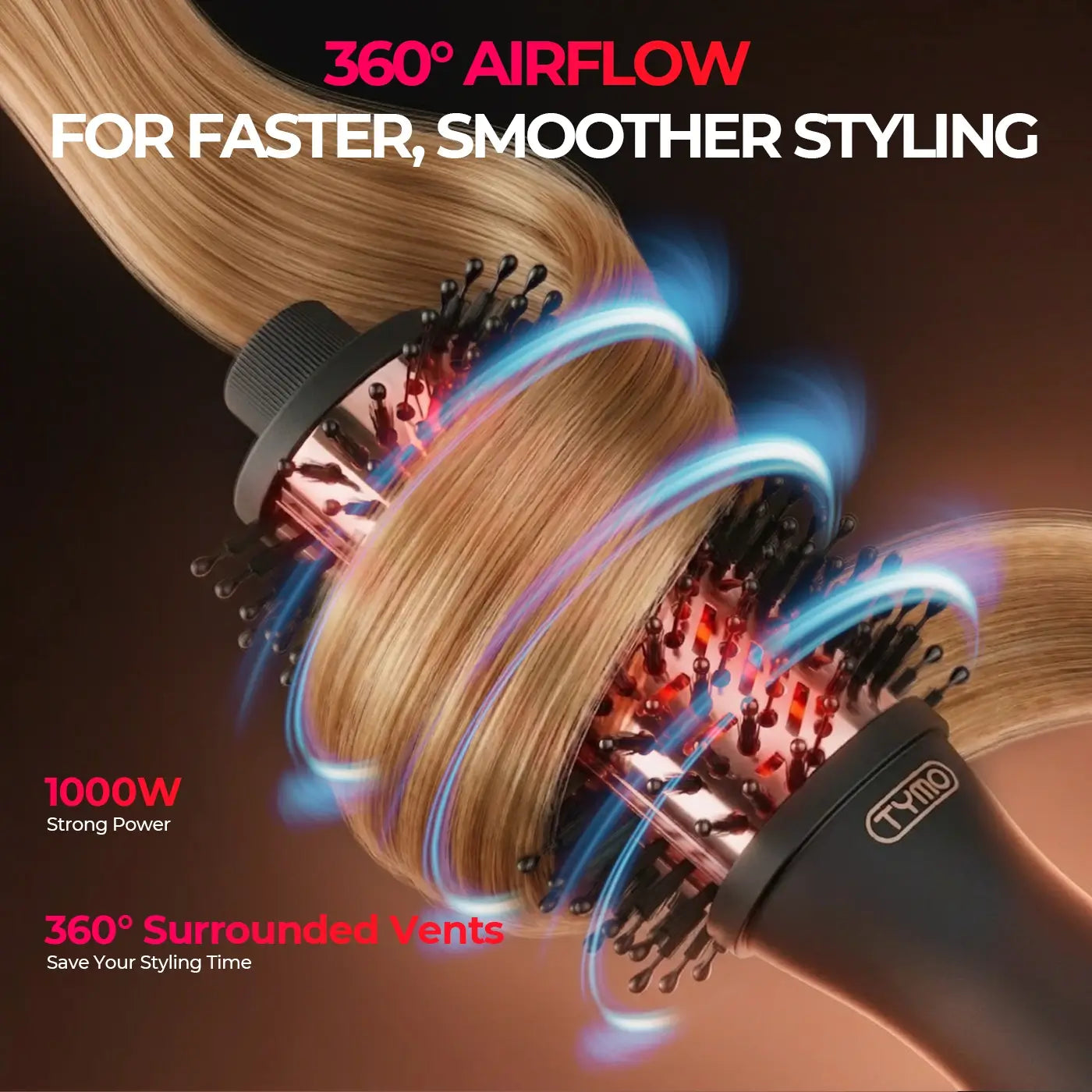 TYMO Volumizer Plus 1000W hot air brush with 360-degree surrounded airflow vents