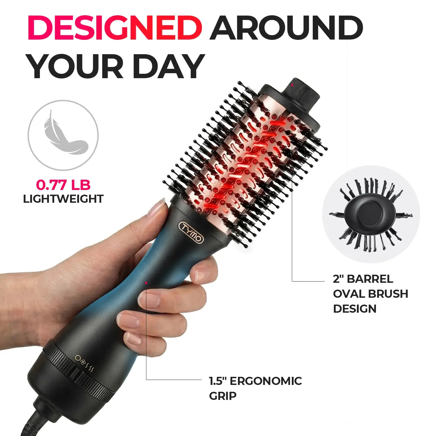 Hand holding lightweight TYMO Volumizer Plus hot air brush showing 2-inch oval barrel and ergonomic grip