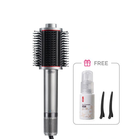 Grey TYMO Airbeam hot air brush set with free TYMO Volumizing Shampoo Powder and TYMO hair clips