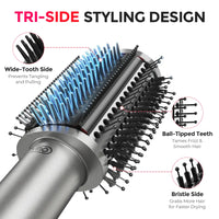 Hot air brush of TYMO AIRBEAM owns tri-side styling design: wide-tooth side,ball-tipped teeth and bristle side