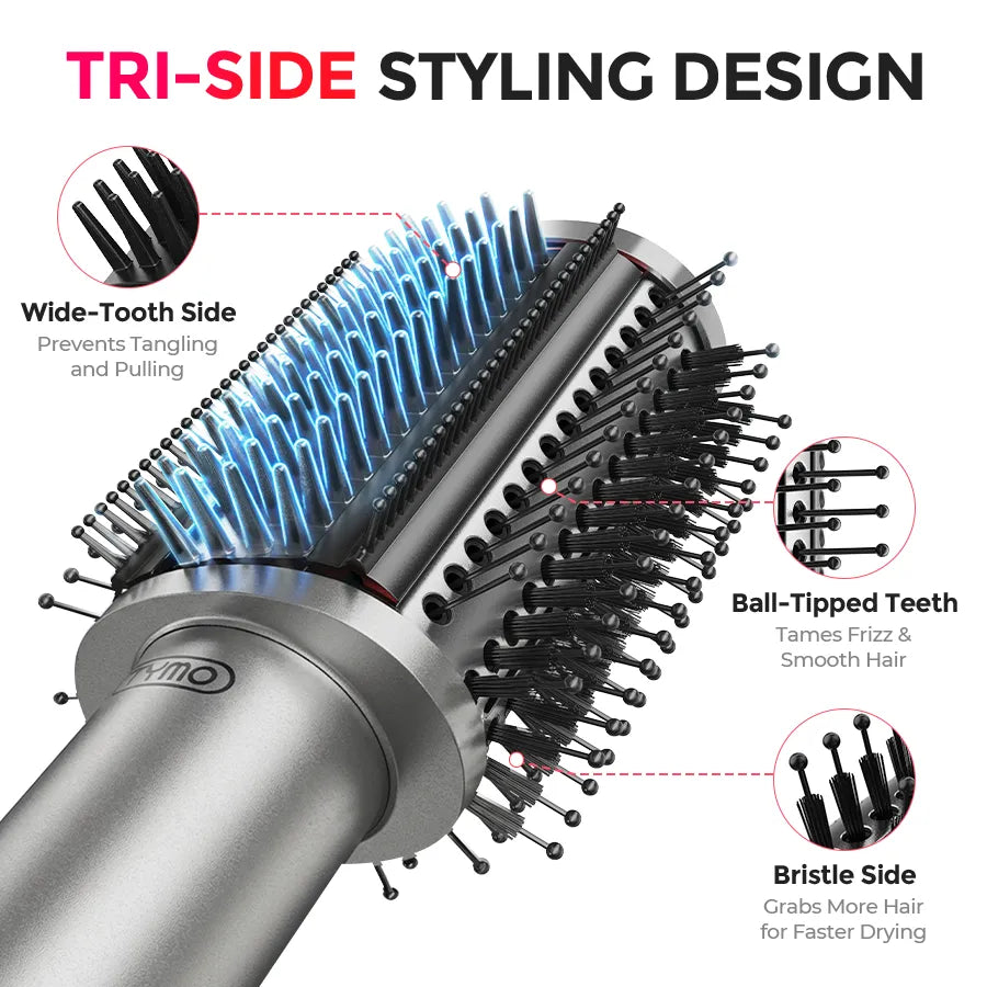 Hot air brush of TYMO AIRBEAM owns tri-side styling design: wide-tooth side,ball-tipped teeth and bristle side
