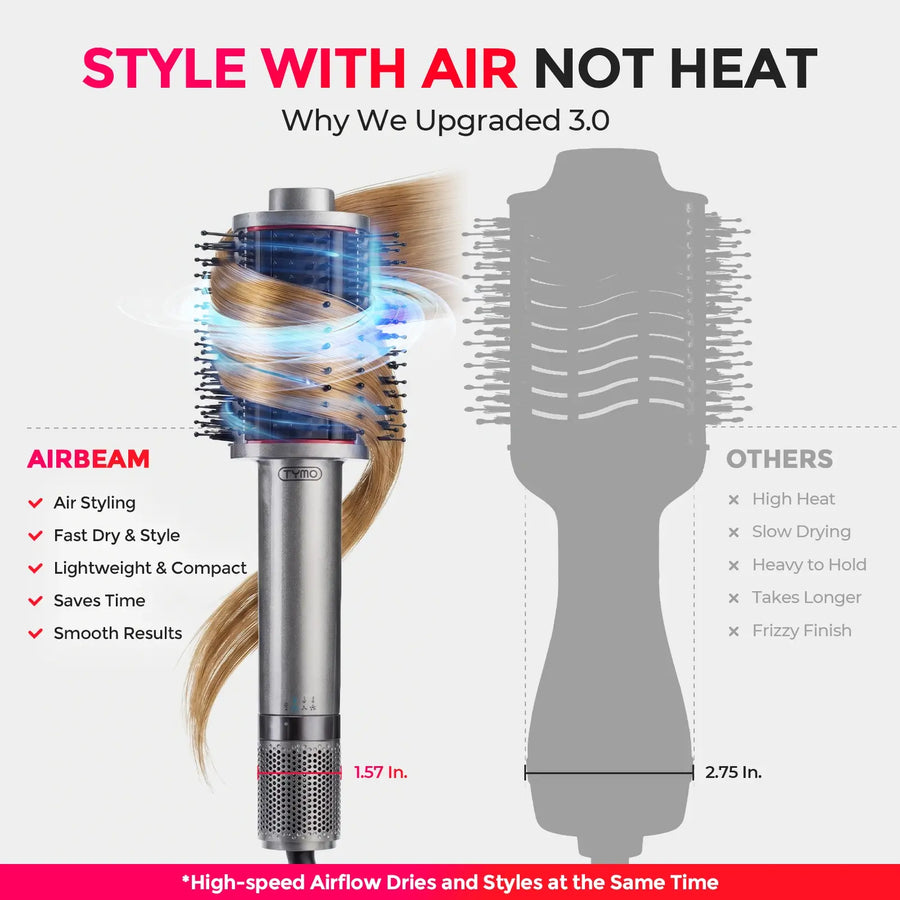 TYMO AIRBEAM 3.0 air styling brush comparison vs regular hot air brushes, lightweight airflow hair styler for fast smooth hairstyling