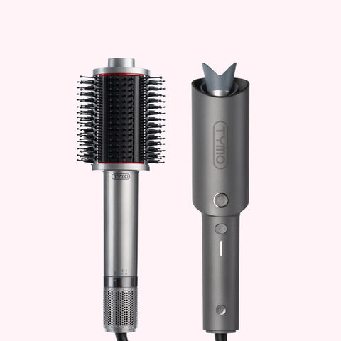 Grey TYMO Airbeam hot air brush and TYMO CurlPro grey automatic curling iron set