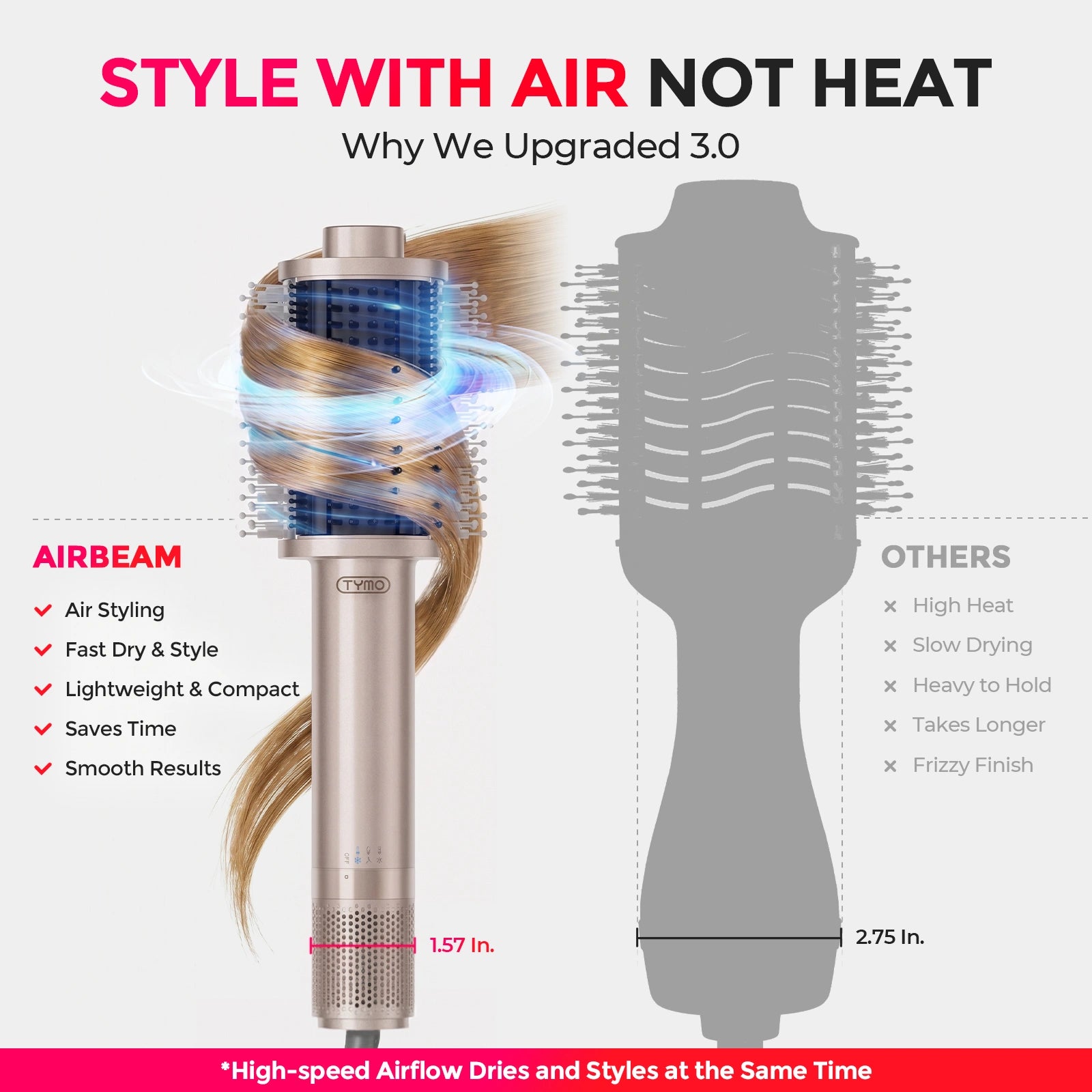 TYMO AIRBEAM 3.0 air styling brush comparison vs regular hot air brushes, lightweight airflow hair styler for fast smooth hairstyling
