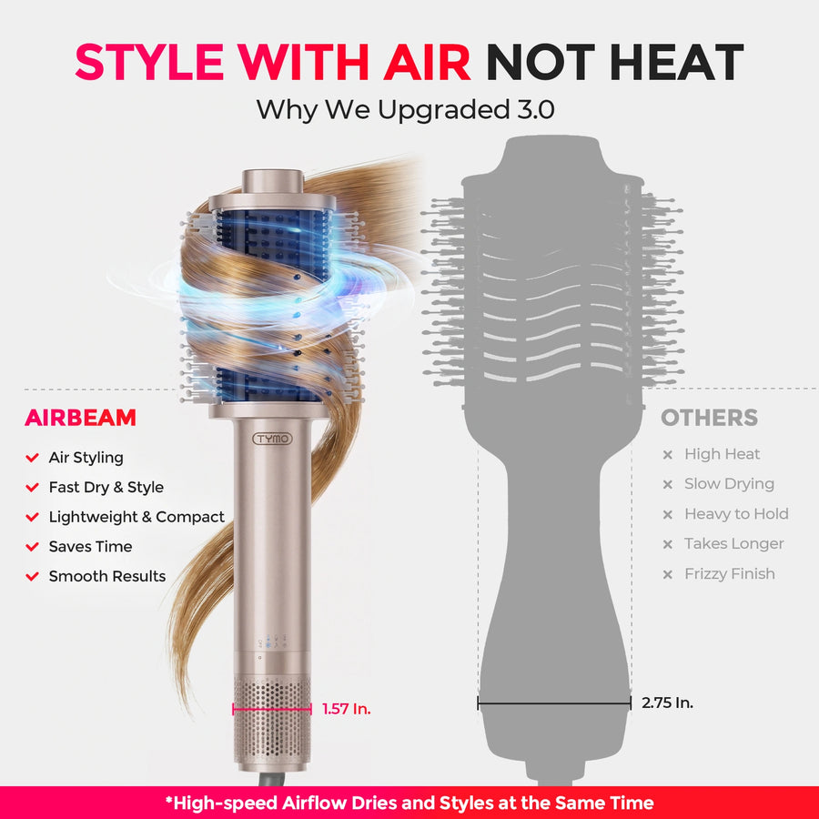 TYMO AIRBEAM 3.0 air styling brush comparison vs regular hot air brushes, lightweight airflow hair styler for fast smooth hairstyling
