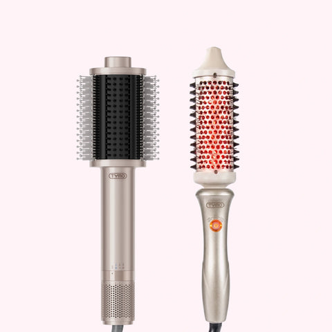 TYMO Airbeam hot air brush and TYMO Stylux infrared heated thermal brush set in champagne gold