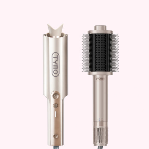 TYMO CurlPro Plus champagne gold auto curler and TYMO Airbeam champagne hot air brush set