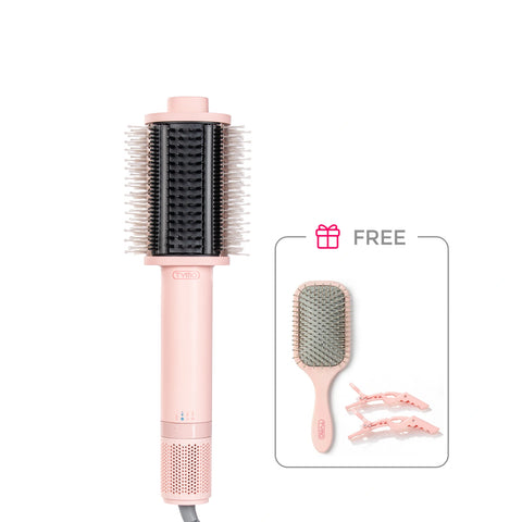 Pink TYMO Airbeam hot air brush set with free TYMO paddle brush and TYMO hair clips