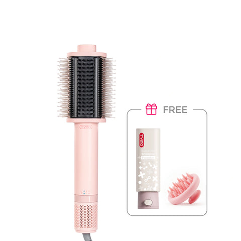 Pink TYMO Airbeam hot air brush set with free TYMO Volumizing Shampoo Powder and TYMO scalp massager