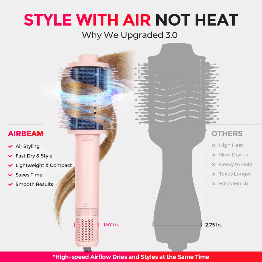 TYMO AIRBEAM 3.0 air styling brush comparison vs regular hot air brushes, lightweight airflow hair styler for fast smooth hairstyling