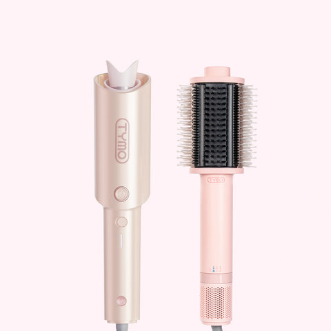 TYMO CurlPro champagne gold automatic curler and TYMO Airbeam pink hot air brush set