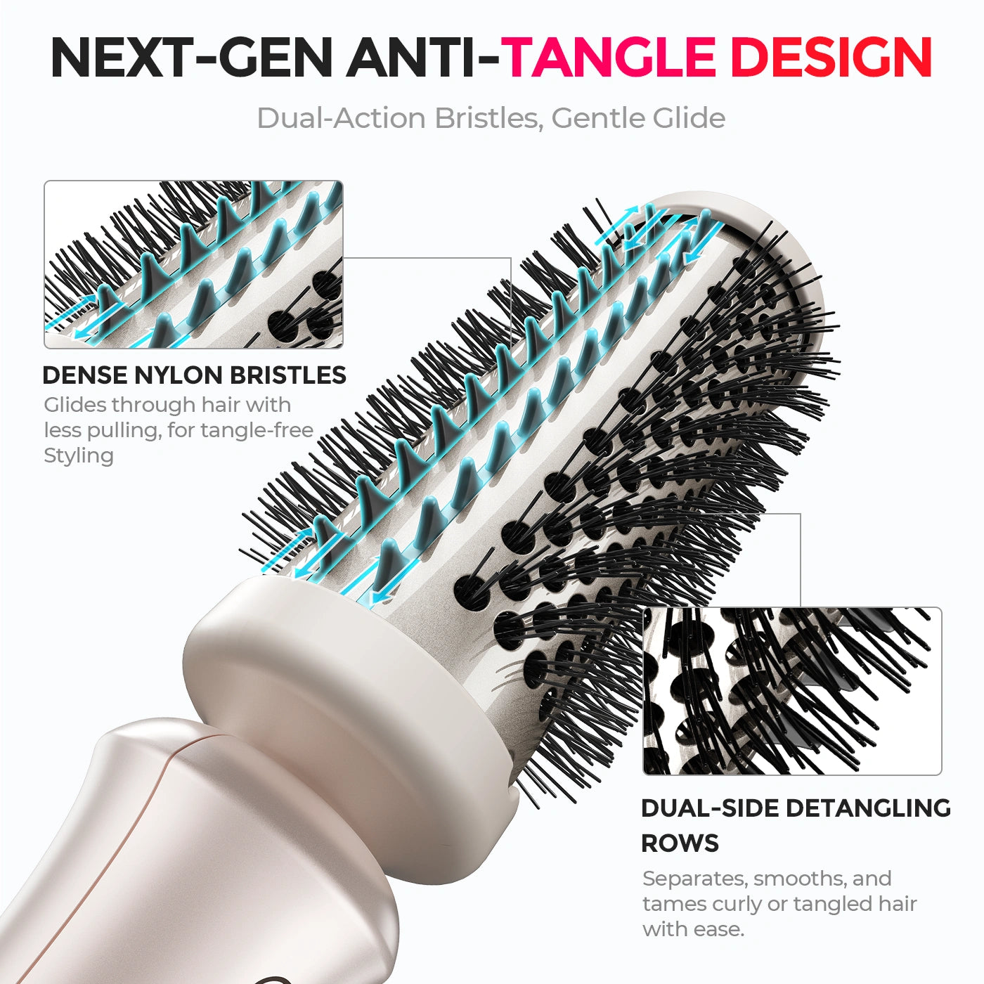 TYMO anti-tangle hair brush with dual-action nylon bristles, tangle-free styling technology