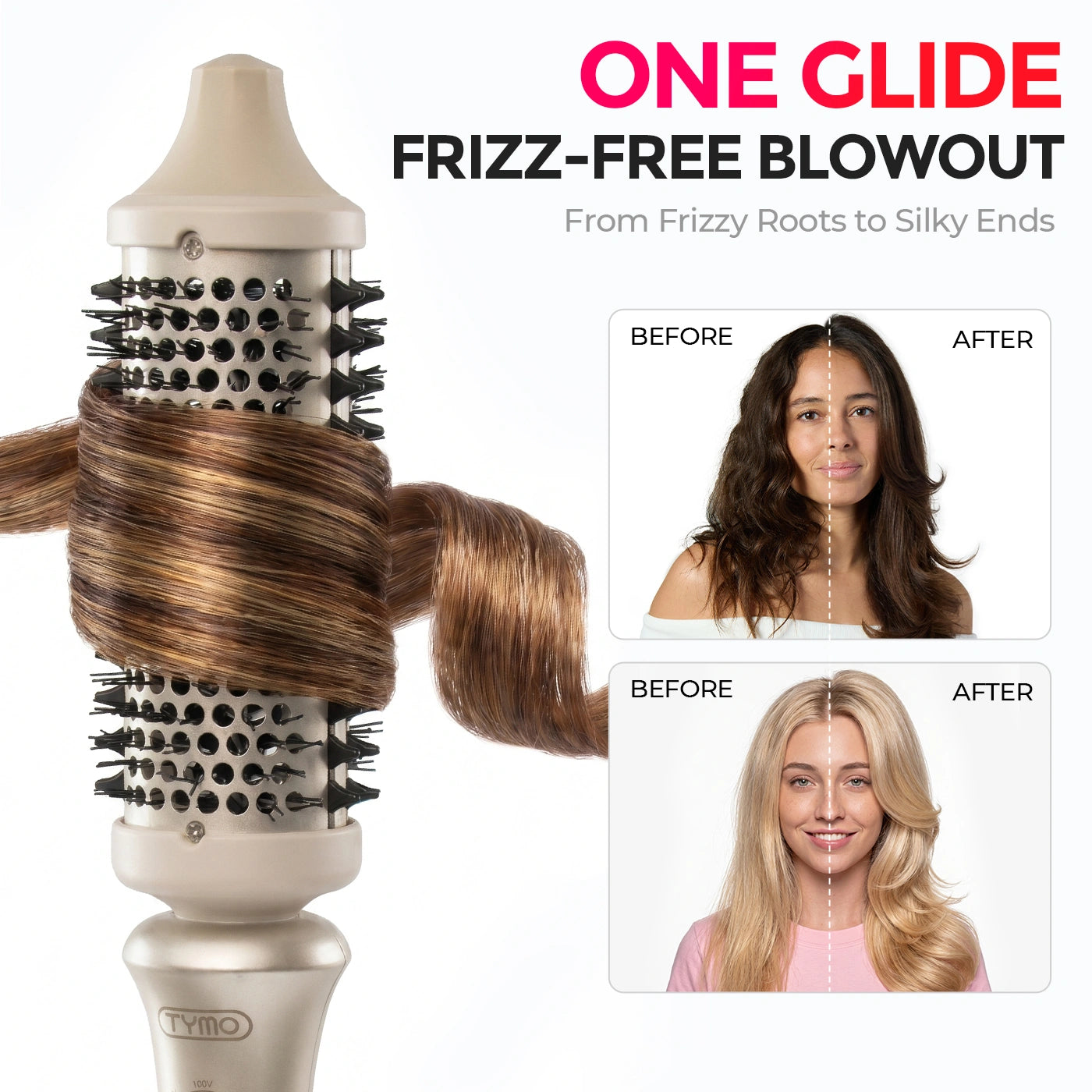 TYMO blowout brush before and after, one glide frizz-free smooth results on frizzy hair