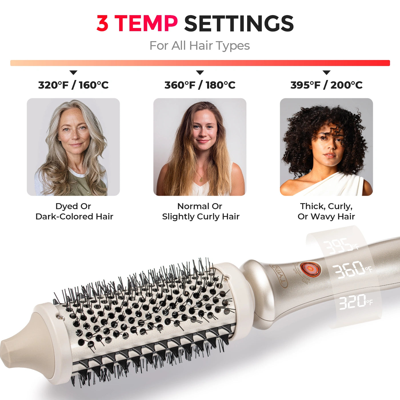 TYMO styling brush 3 temperature settings, 320-395°F heat for dyed, normal, thick curly hair