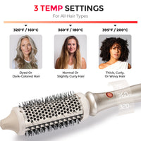 TYMO styling brush 3 temperature settings, 320-395°F heat for dyed, normal, thick curly hair