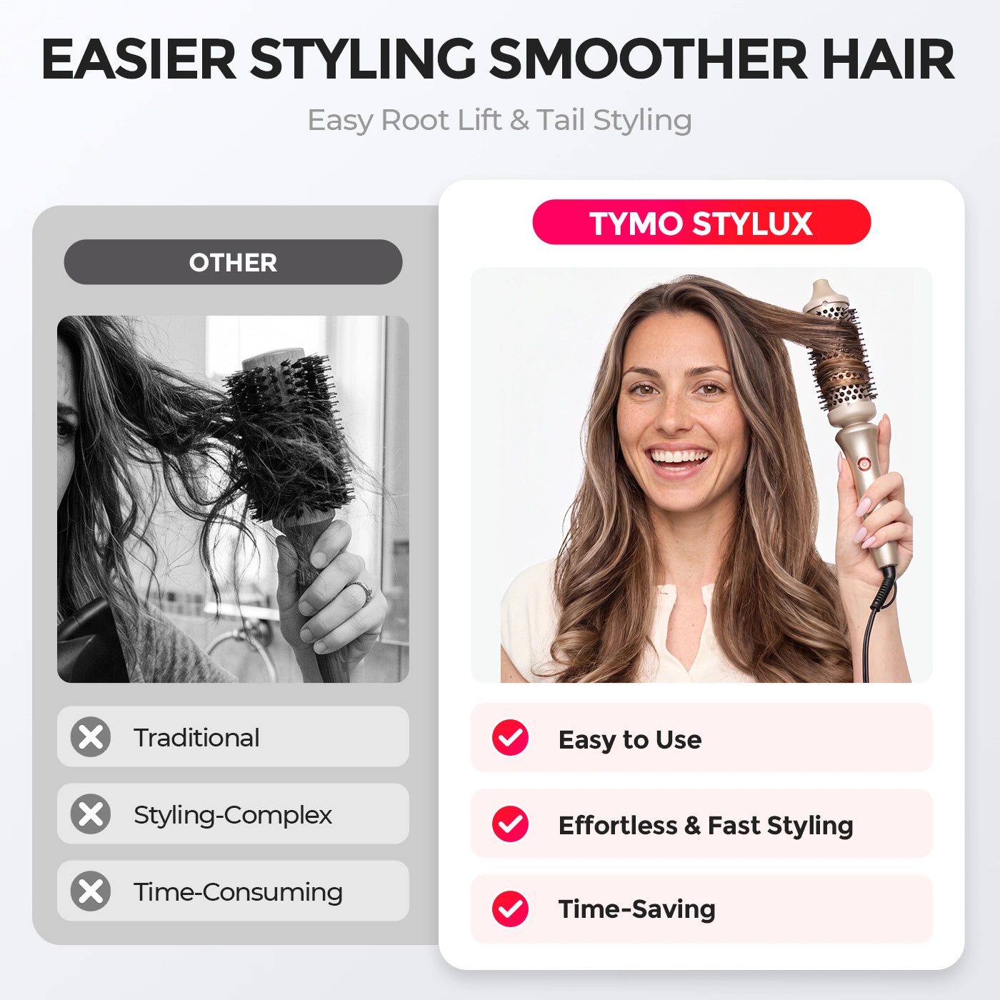 TYMO STYLUX easy-to-use hot air brush, effortless fast styling vs traditional complex tools