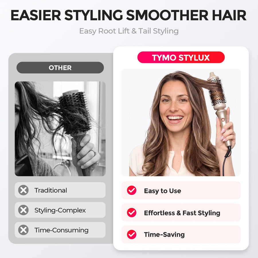 TYMO STYLUX easy-to-use hot air brush, effortless fast styling vs traditional complex tools