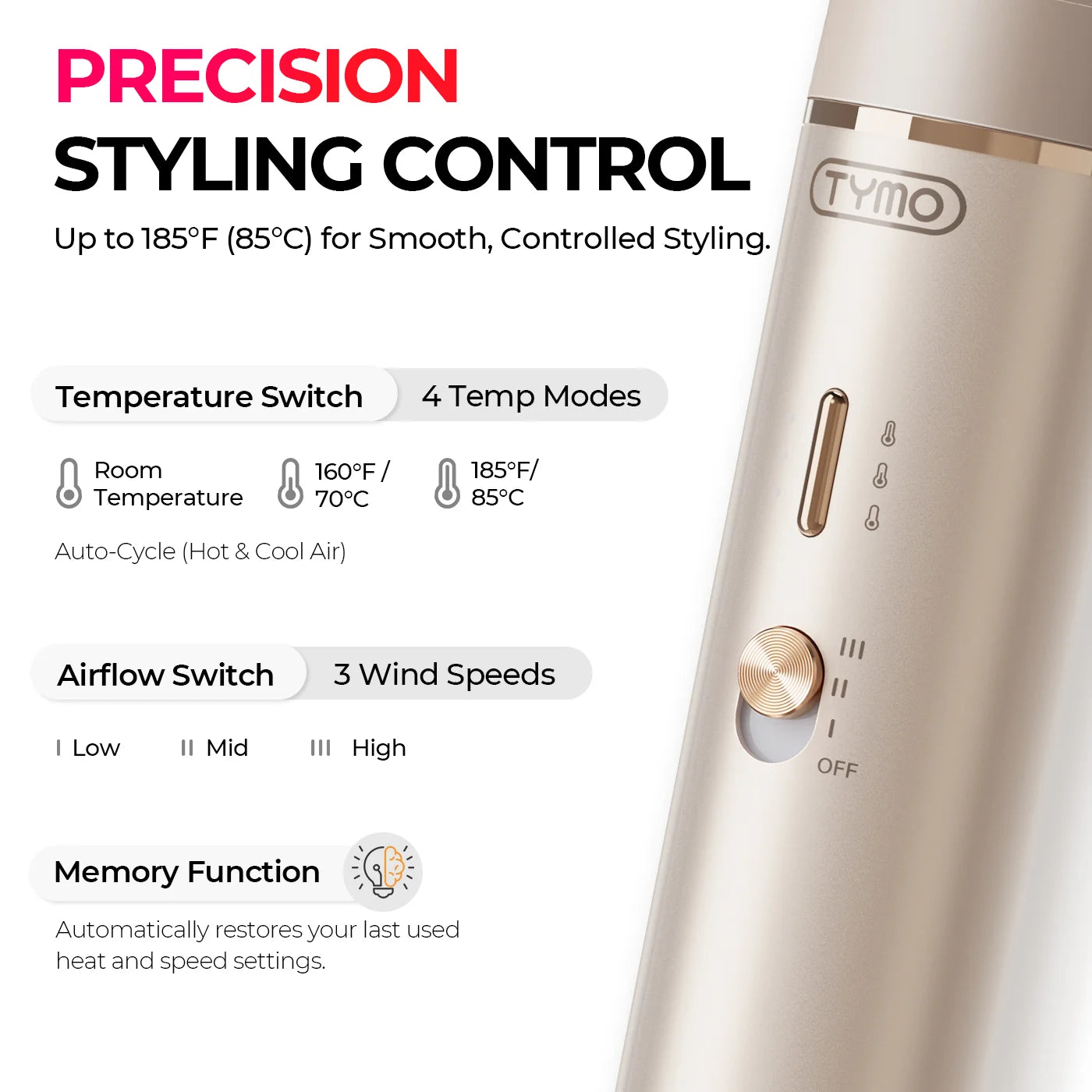 A close-up of a white TYMO hair styling tool on a white background with promotional text about precision styling control, temperature settings, airflow modes, and memory function.