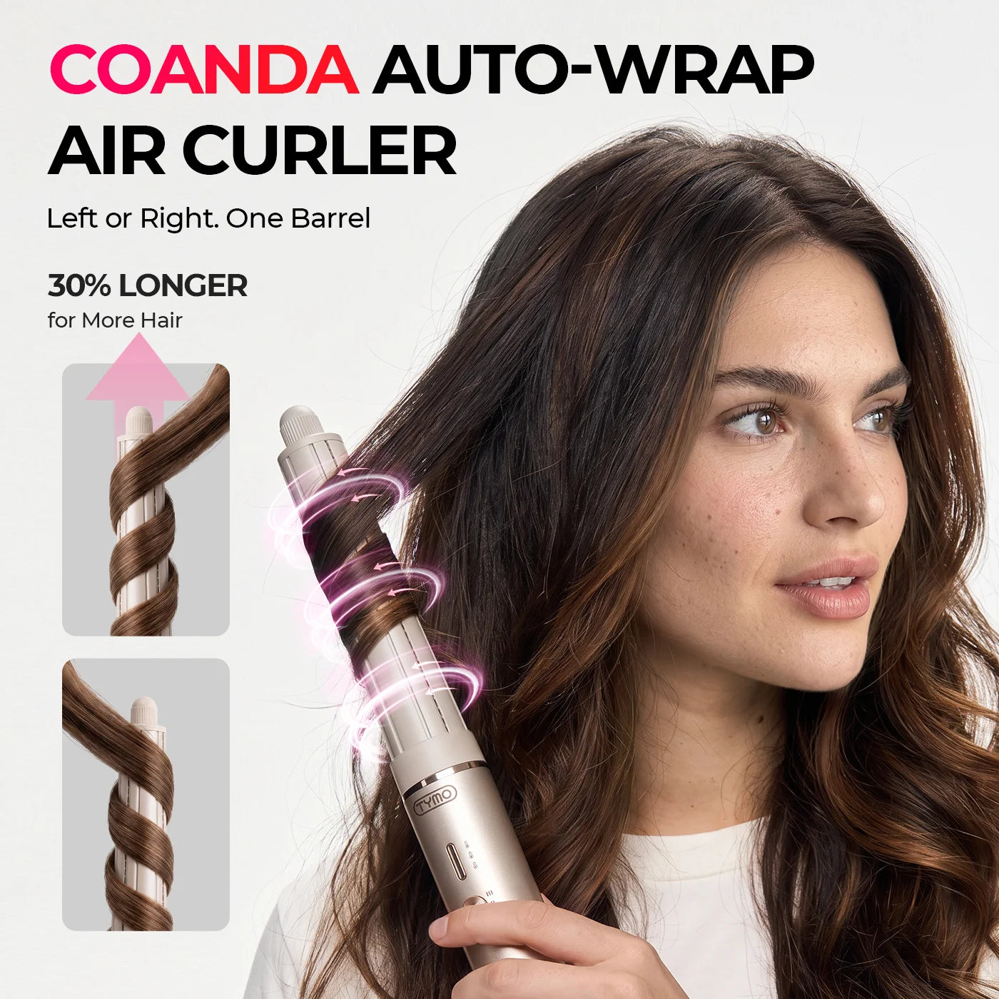 A woman demonstrates a Coanda Auto-Wrap Air Curler, showing the metallic curling barrel wrapping her dark brown hair. The image includes text overlays describing the product features and two inset diagrams illustrating hair placement.