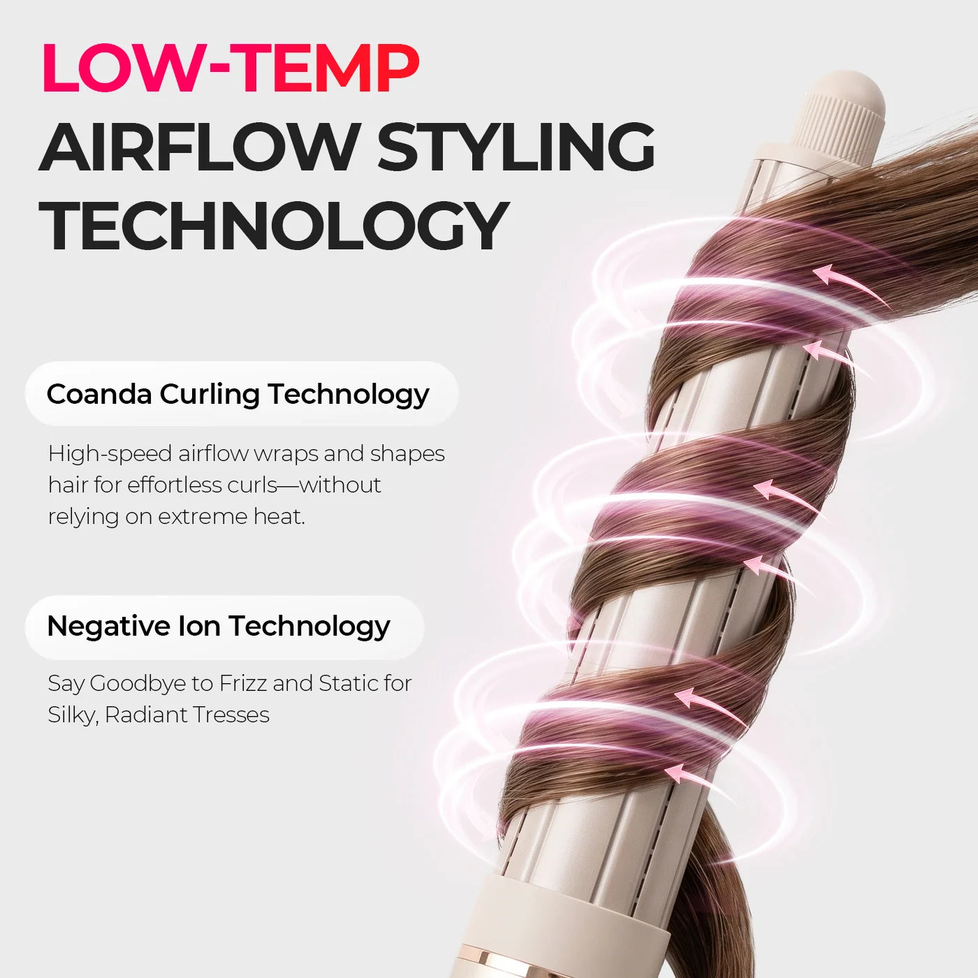 Promotional graphic for a curling iron showing a close-up of a brown hair section being wrapped around the iron with pink airflow effect lines and text reading 'LOW-TEMP AIRFLOW STYLING TECHNOLOGY' and feature callouts.
