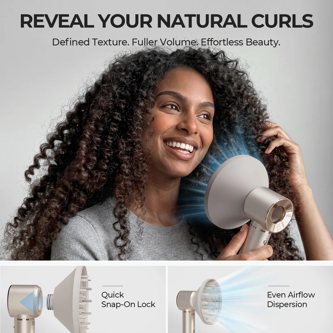 A woman with long, defined curly hair holds a silver hair dryer concentrator attachment against her hair, with text reading 'REVEAL YOUR NATURAL CURLS' and feature callouts at the bottom showing quick snap-on lock and even airflow dispersion.