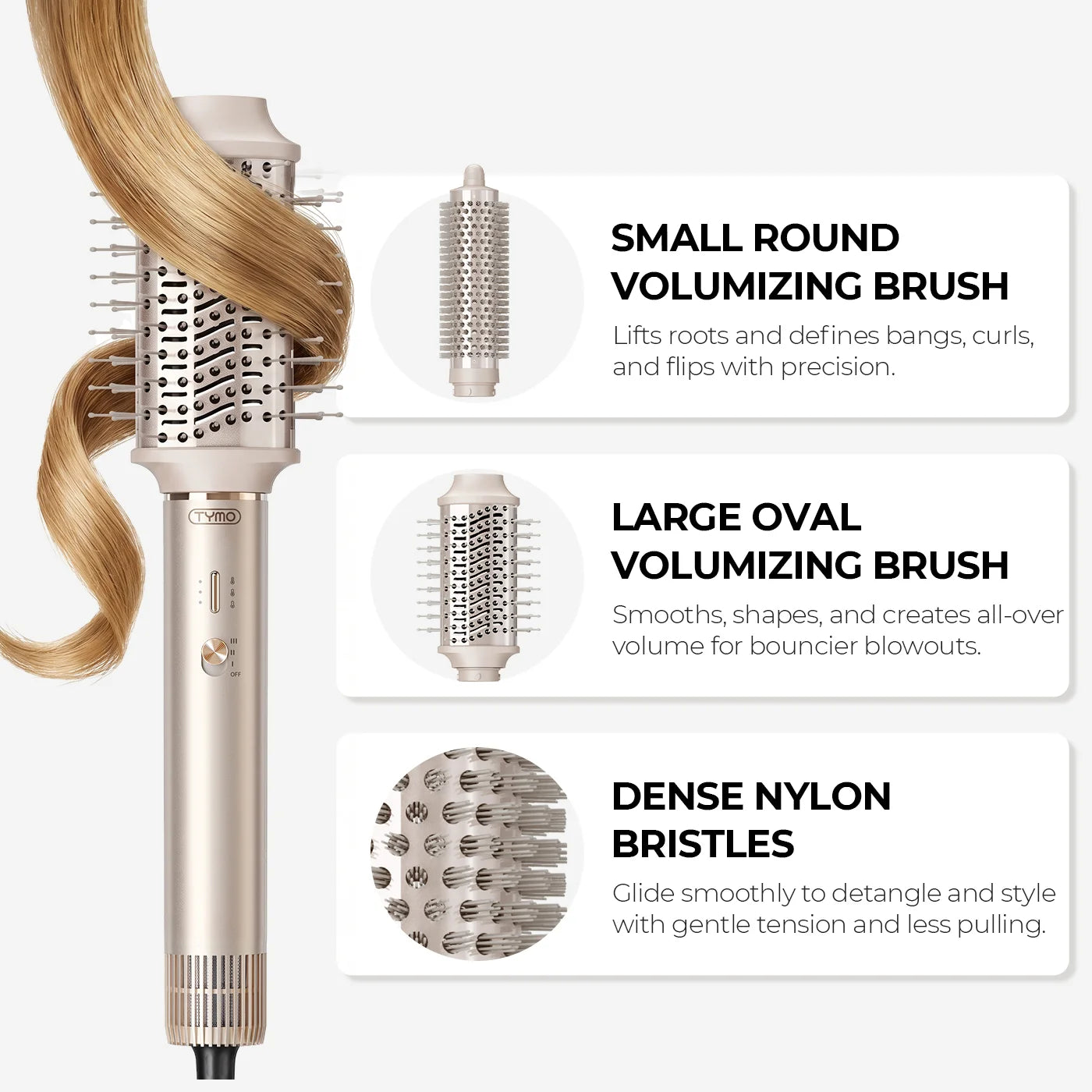 A beige volumizing hair brush with a curling barrel attachment is shown on a white background with three callout panels describing included brush sizes and dense nylon bristles. The image includes a styled section of blonde hair demonstrating use.