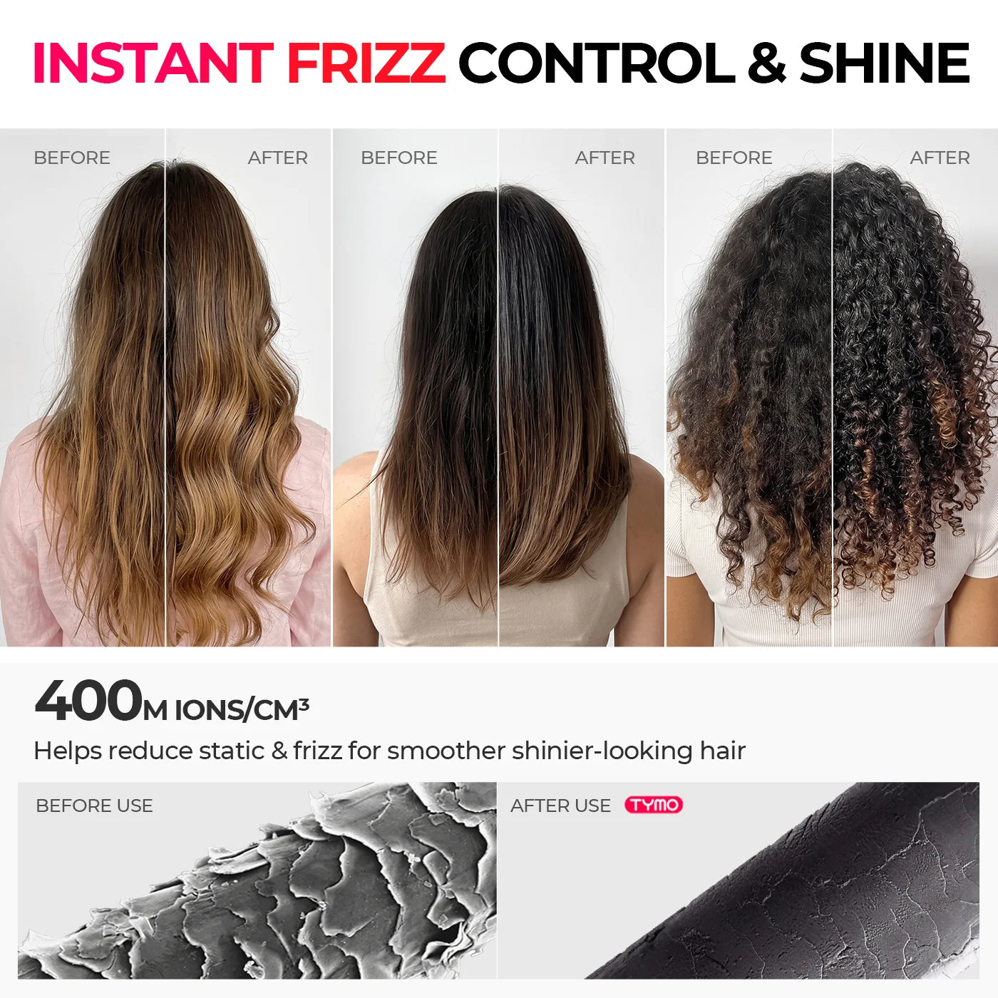 Before-and-after hair care comparison graphic showing three women's long hair with frizzy, straightened, and shiny results, plus a close-up of a hair surface labeled before and after treatment. Large text reads 'INSTANT FRIZZ CONTROL & SHINE' and '400 M IONS/CM³ Helps reduce static & frizz for smoother shinier-looking hair.
