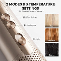 Control panel close‑up: 3 airflow levels, 3 heat settings and 2 working modes for fine, medium and coarse hair types
